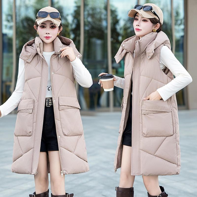 Cotton vest women's autumn and winter new medium and long hooded sleeveless jacket versatile thickened warm vest