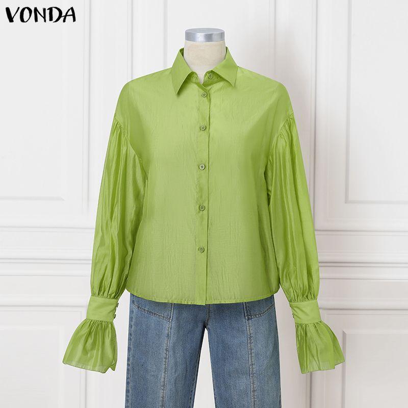 VONDA Women Lapel Neck Long Sleeve Semi-Sheer Thin Casual Shirts Blouse