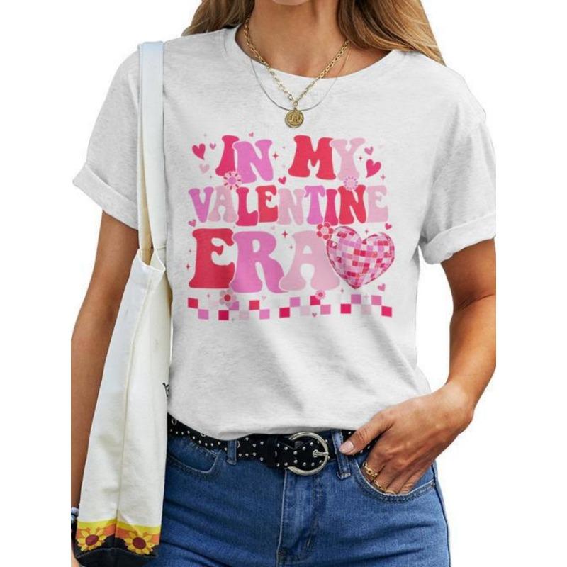 European Size Women &  Groovy In My Valentine Era  T-Shirt - Cute Phrase Print Casual Tee Suitable for Valentines Day Outfits S