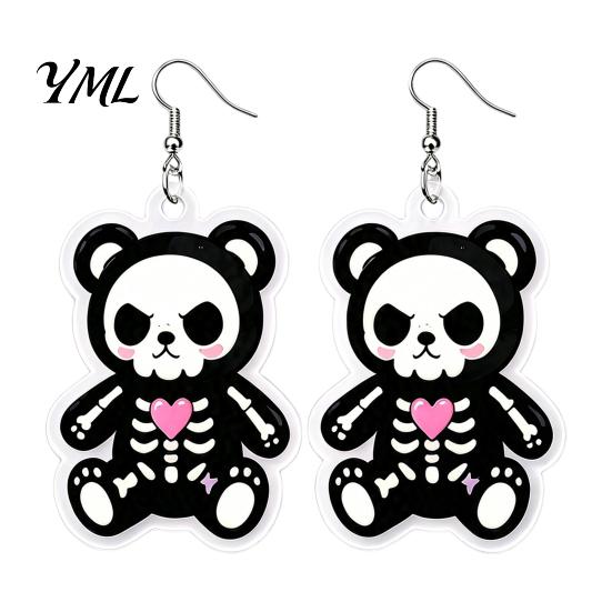 Dark Style Pendant Jewelry 1 Pair Halloween Dangle Earrings for Women, 2D Acrylic Cute Alternative Fashion Accessories Skeleton Bear Earrings,