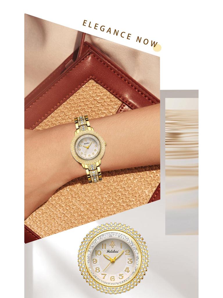 Yalalusi Women's Luxury Gold Diamond Quartz Watch - Fashionable, Waterproof, and Elegant Casual Wristwatch.