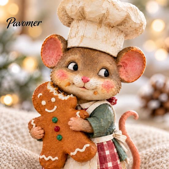 Gingerbread Baker Statue Mouse Figurine, Whimsical Hand-painted Mice with Cookie, 6.7'' Cottagecore Cute Chef Ornament Xmas for Mantel Tabletop