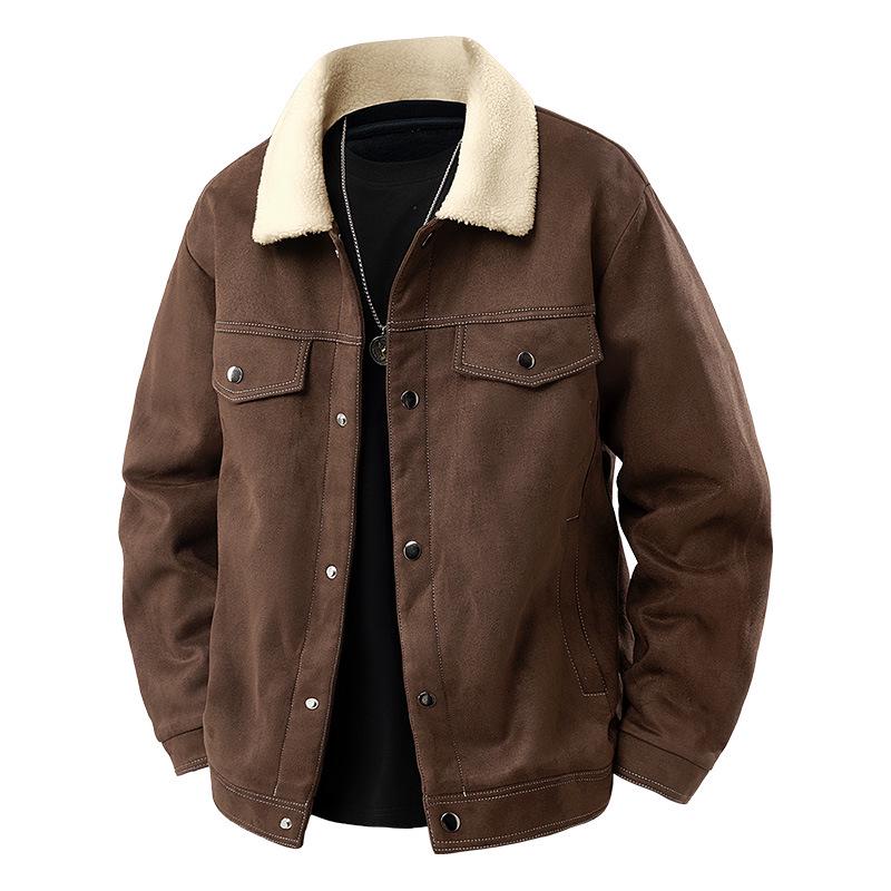 Men's American Retro Suede Plush Top Coat - Casual Winter Jacket with Extra Velvet and Thickness.