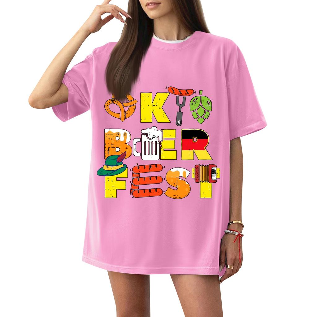 Women's Casual Short Sleeve T-Shirt Oktoberfest Letter Print Loose Fit Lightweight Summer Top Pullover Tee