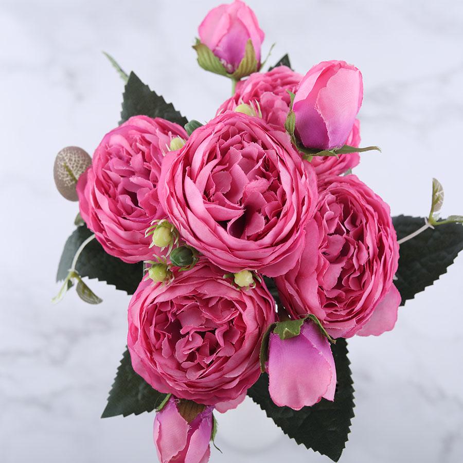 30cm Rose Pink Silk Peony Artificial Flowers Bouquet 5 Big Head and 4 Bud Cheap Fake Flowers for Home Wedding Decoration Indoor