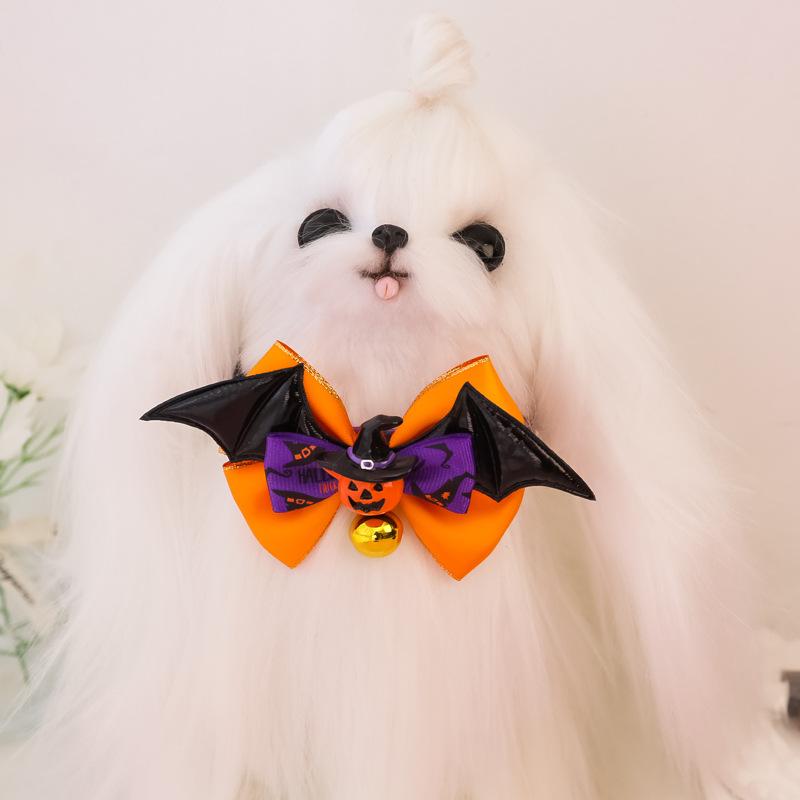New Adjustable Bat Wings & Eyeball Bow Tie Pet Collar with Bell for Cats & Large Dogs, Scary and Funny Trick-or-Treat Halloween