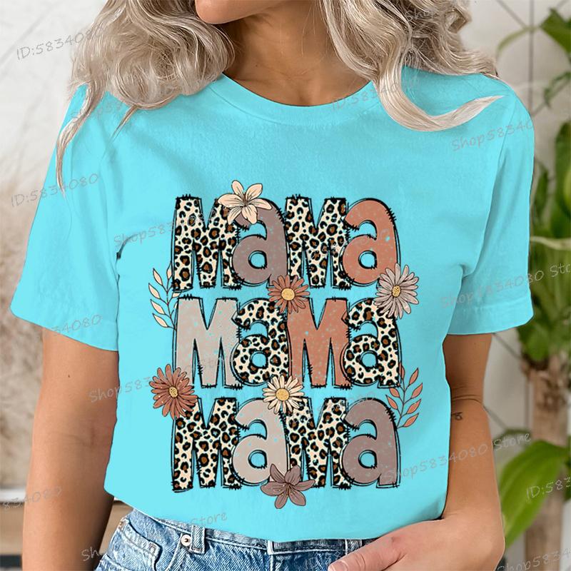 Fashion Funny Leopard Mama Flower Print Kids Short Sleeves T-Shirt Loose Casual Summer Outdoor Street Boy and Girl Tees Tops