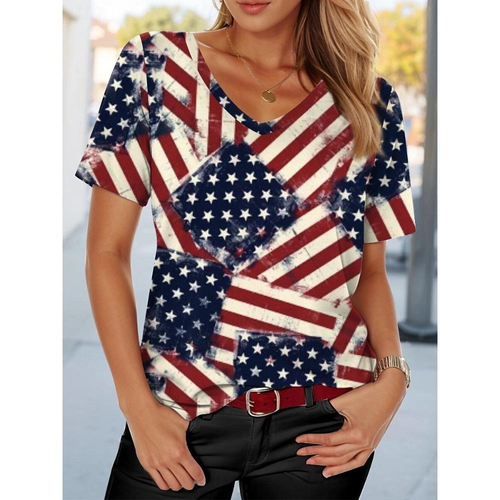 2025 New Star Print Women's T-Shirt Plus Size Top America Flag Summer Women's Trendy Clothing Short Sleeve Shirt V-Neck Blouse