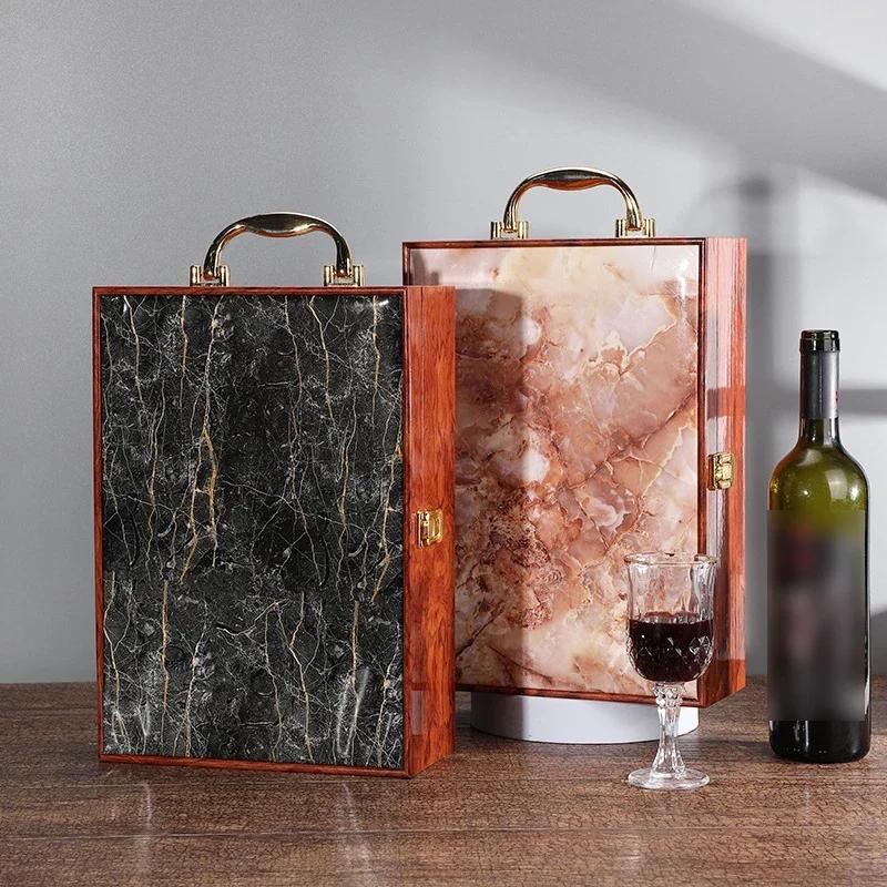 Scatola Doppia per Vino Rosso con Motivo Marmo di Lusso Scatola in Legno Retrò Organizzatore per Vino Conservazione Champagne Scatola Regalo Confezione Bottiglia Con Manico