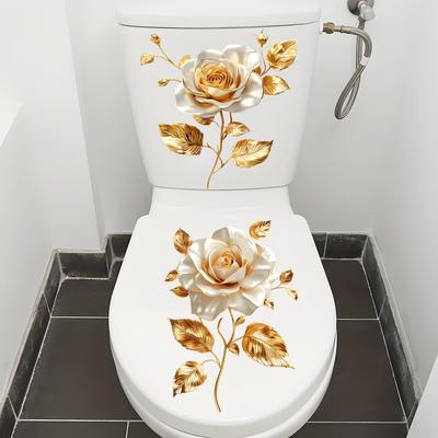 Fleurs Blanches Élégantes avec Feuilles Dorées Sticker Toilettes Imperméable Auto-Adhésif Décalcomanie Amovible pour Décoration Salle de Bain WC