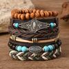 Retro European & American Men's Bracelet Set: Heart, Sunflower, Feather, Multi-Layer Design, 6-Piece