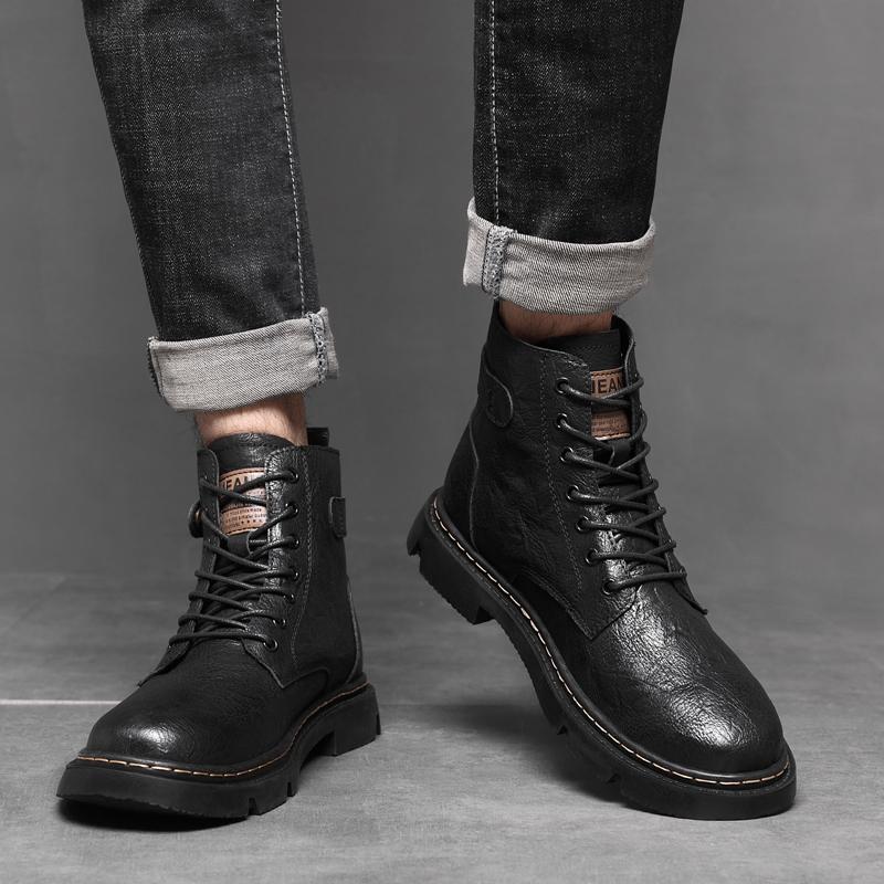 Fashion Side Zipper Men's Shoes Outdoor Male Motorcycle Boots All-match Fashion Mens High Top Sneakers Leather Fashion Basic Boots Men