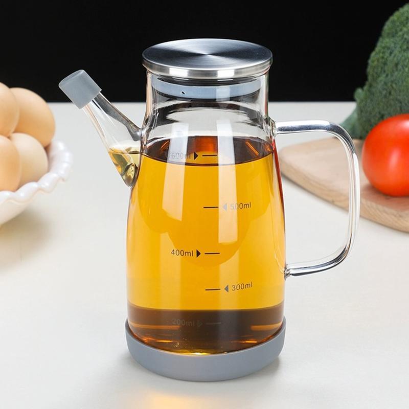 Oil Pot 600/800/1000ml Glass Oil Bottle with Scale Stainless Steel Lid High Temperature Resistant Household Kitchen Oil Pot