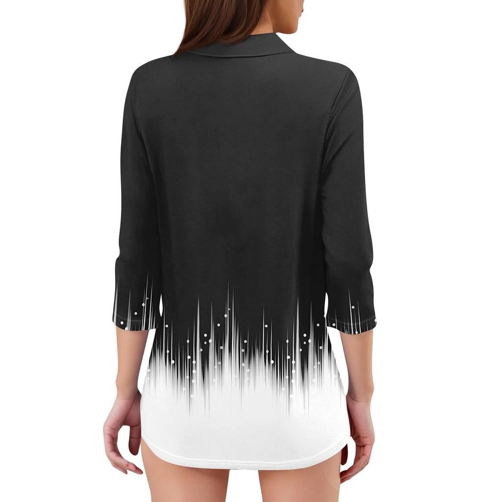Women's Fashion Casual Lapel 3/4 Sleeve Print Shirt Women's V-Neck Tops
