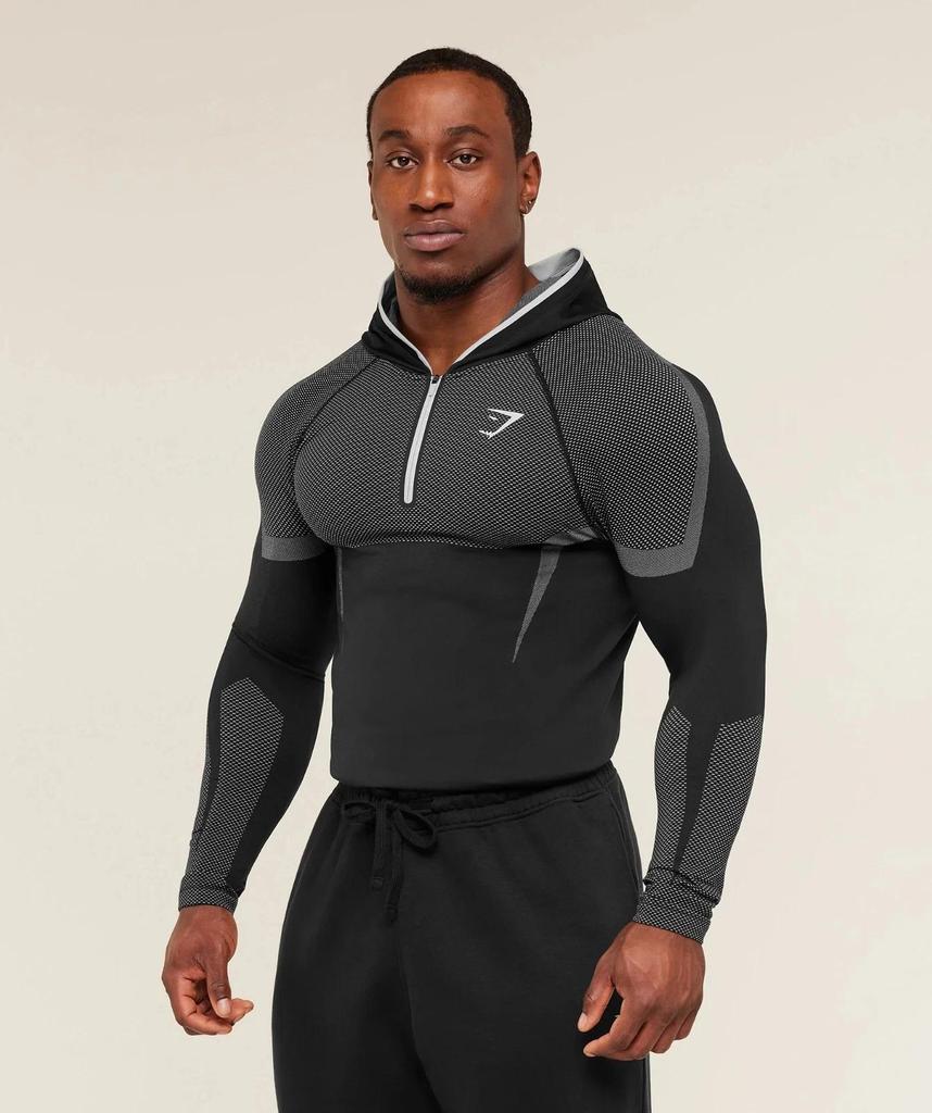 GYMSHARK Men's Onyx High Stretch Long Sleeve Hooded Fitness T-shirt