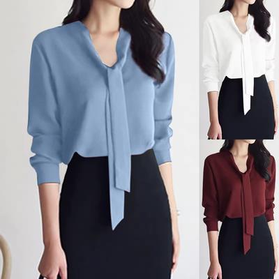 Camicia Elegante da Donna a Manica Lunga, Colore Unito, con Fiocco, Snellente, per il Lavoro