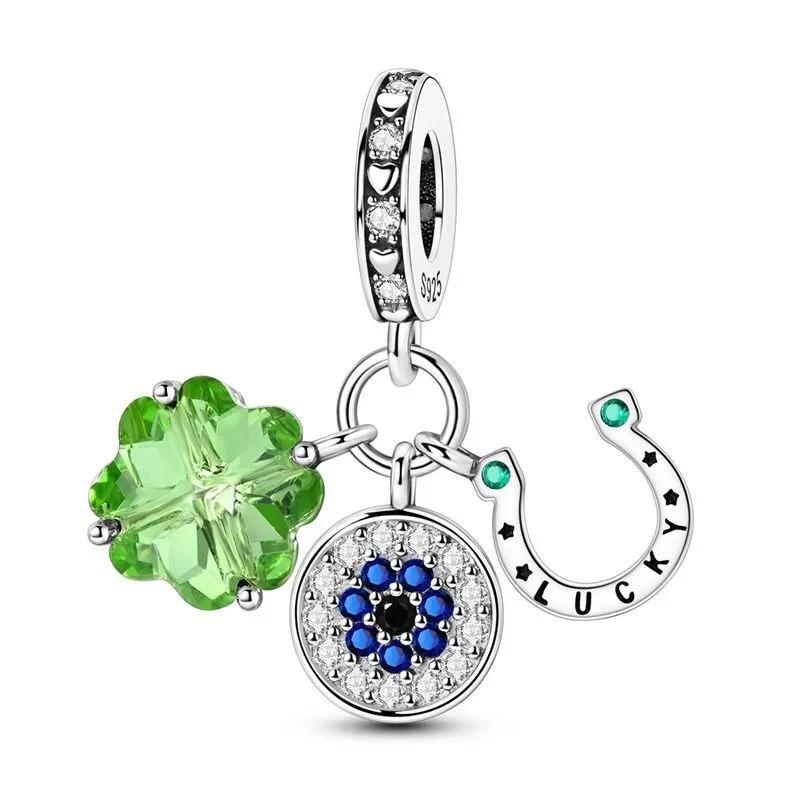 925 Sterling Silver Green Four Leaf Clover Horseshoe Charm Earrings Pendant Necklace Bracelet Jewelry Set