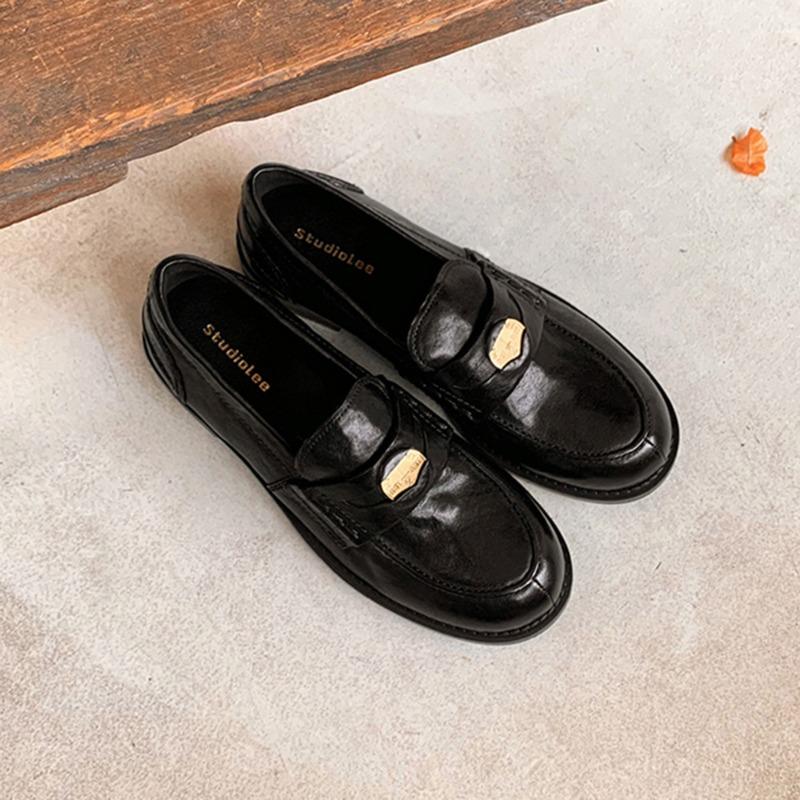 [Su Family] Cowhide Edition~ Flat Bottom~ Horse Leather Retro Polished Small Gold Coin Loafu Single Shoes Women's Small Leather Shoes