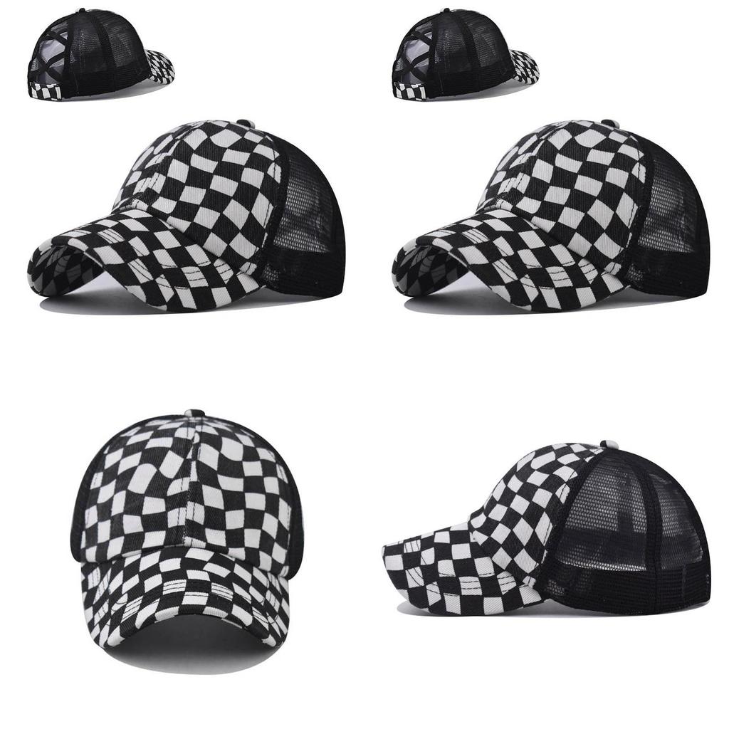 Womens Summer Cotton Baseball Cap With Black And White Grid Splicing Breathable Mesh Design