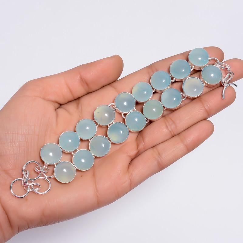 Chalcedony Silver Bracelet  100% Natural Aqua Chalcedony Round Shape Ethnic Style Handmade Jewelry 925 Steling Silver Bracelet 6-8" WSJ-4626