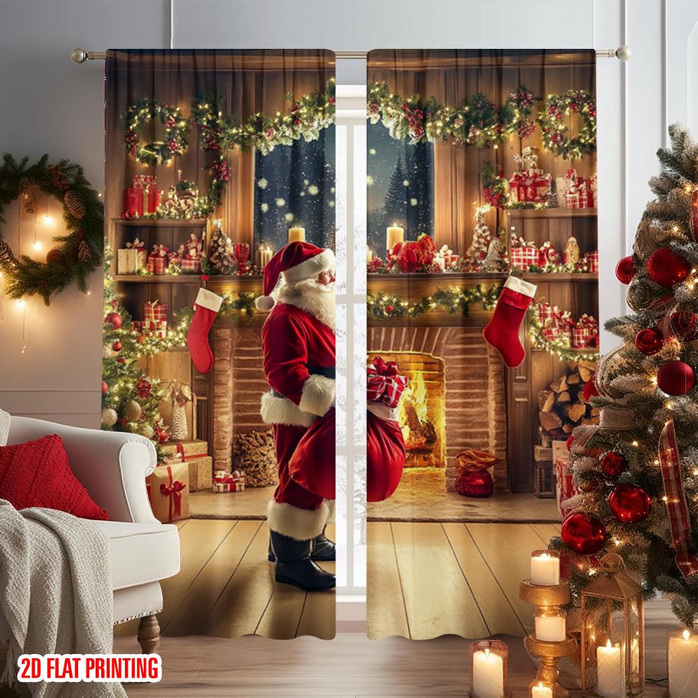 Set Of 2 Flat Printing Merry Christmas Popular Party Window Curtains Father Versatile Durable Polyester Without Made