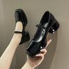 Fashion Silver Thick Heels Mary Jane Shoes Women 2024 Buckle Strap Square Toe Pumps Woman Med Heele Patent Leather Shoes Female
