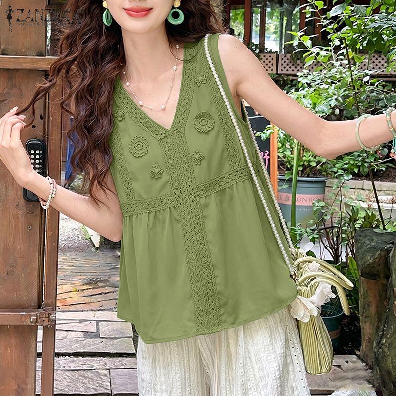 ZANZEA Women Lace Patchwork Casual V-Neck Sleeveless Tank Tops M зелёный