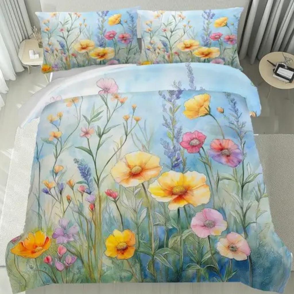 Dopamin Buntes Blumenmuster Romantischer Bettbezug Queen King Size Frühling Blumenmuster Bettwäscheset Raumdeko 3-teiliges Set Ohne Steppdecke
