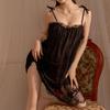 2 Pcs/Set Women Nightdress Panties Set Lace-up Strap Double-layered Shirring Flower Embroidery Sleeveless Backless Pleated Loose Nightgown