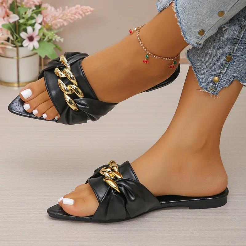 Fashion 2025 Plus Size Women's Open Toe Slippers Summer Metal Decoration Chain Pointed Toe Sandal Flat with Fashion Daily Dress Slippers