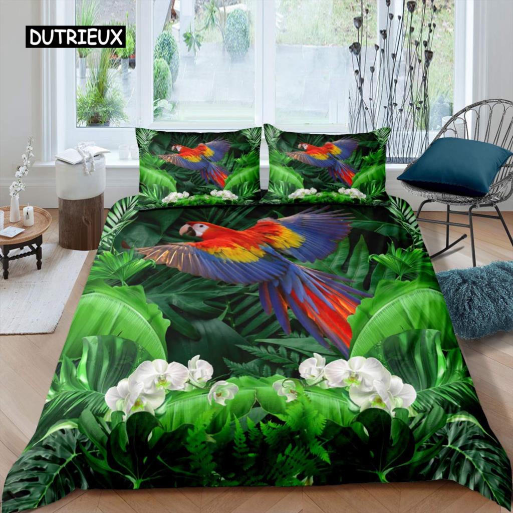 Parrot Duvet Cover Set Black White Stripe Bedding Set Green Plant Palm Leaves Quilt Cover Bird Animal Polyester Comforter Cover