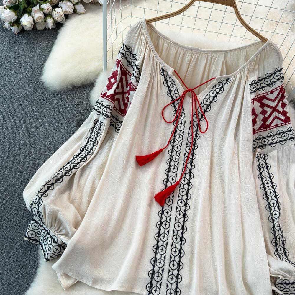 Retro Embroidered Shirt Top Female 2025 Spring Lace Up Tassel Loose Lantern Sleeves Ethnic Style Blouse Female