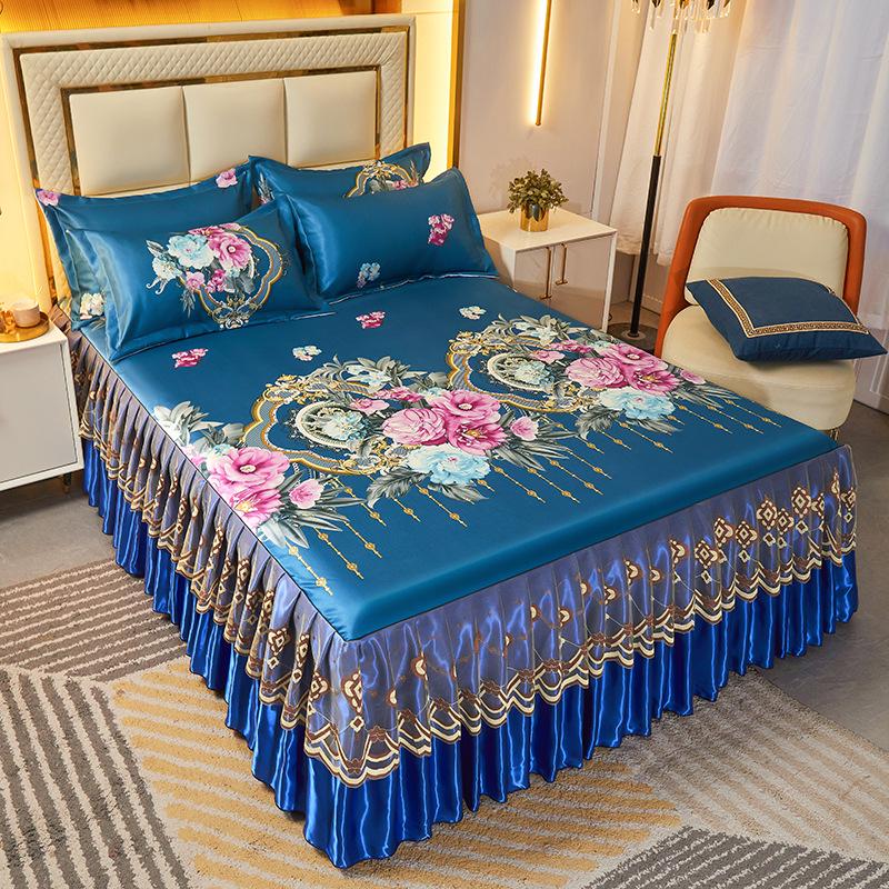 Ice Silk Bed Skirt 3-Piece Set: Machine Washable, Soft, Double Bed, Summer