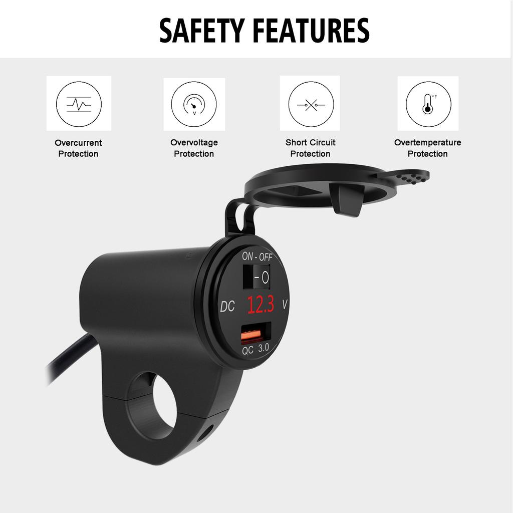 12V Motorcycle Handlebar 2.4A USB Adapter Charger with Digital Voltmeter Fits for 22mm-26mm Handlebars