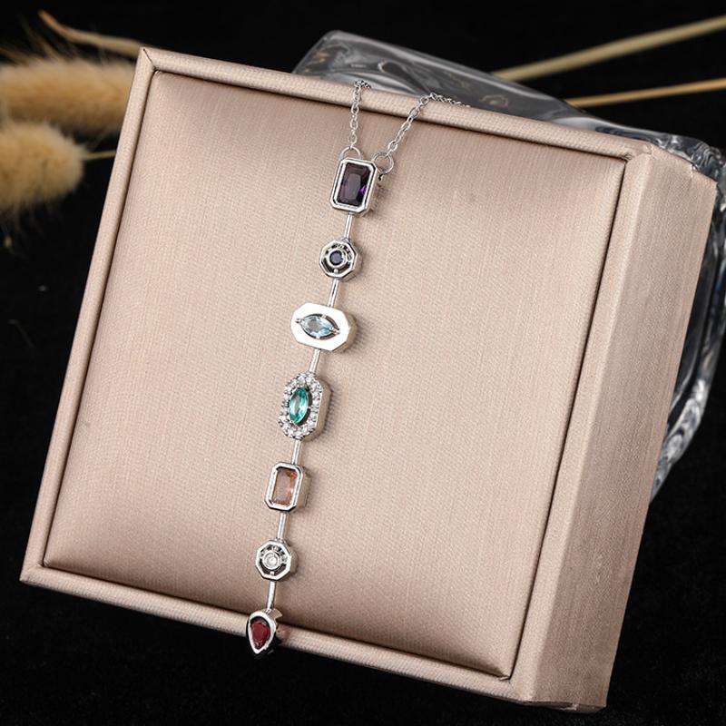 Retro Style Colorful Zircon Tassel Irregular Splicing Long Necklace Light Luxury Pendant Collarbone Chain For Women Jewelry