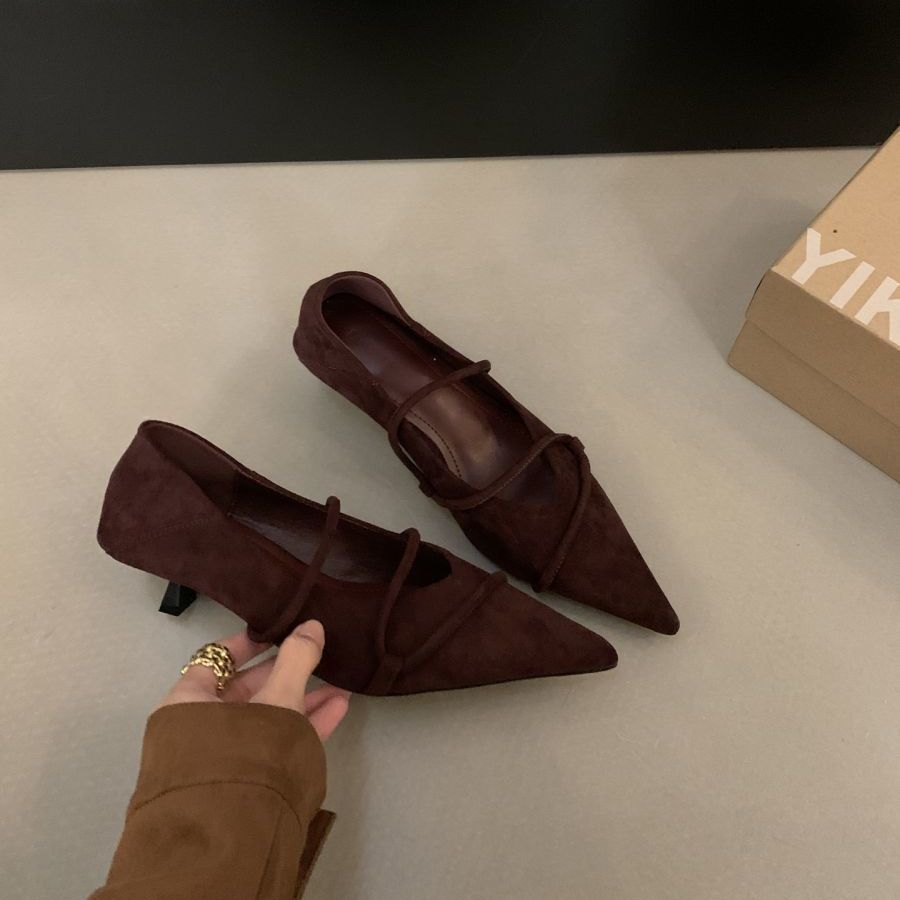 

French retro suede pointed toe thin heel Mary Jane single shoes women s 2025 spring new commuter kitten and evening shoes 41 фиолетовый