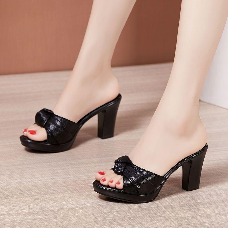 

Fashion Fashionable High-heeled Fish Mouth Slippers for Summer 2024 with Versatile Bow Decorations and Thick Heels for Women s Sandals 35