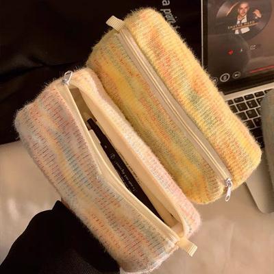 Cylindrical Fluffy Knitted Pencil Case Large-capacity Stationery Pencil Box and Cosmetic Storage Bag for Junior and Senior High School Girls
