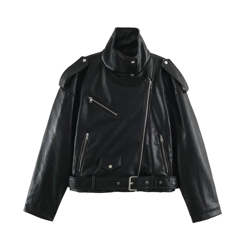 Single 2026 Faux Leather Biker Jacket Women Street Casual Long Sleeve Black Regular Fit