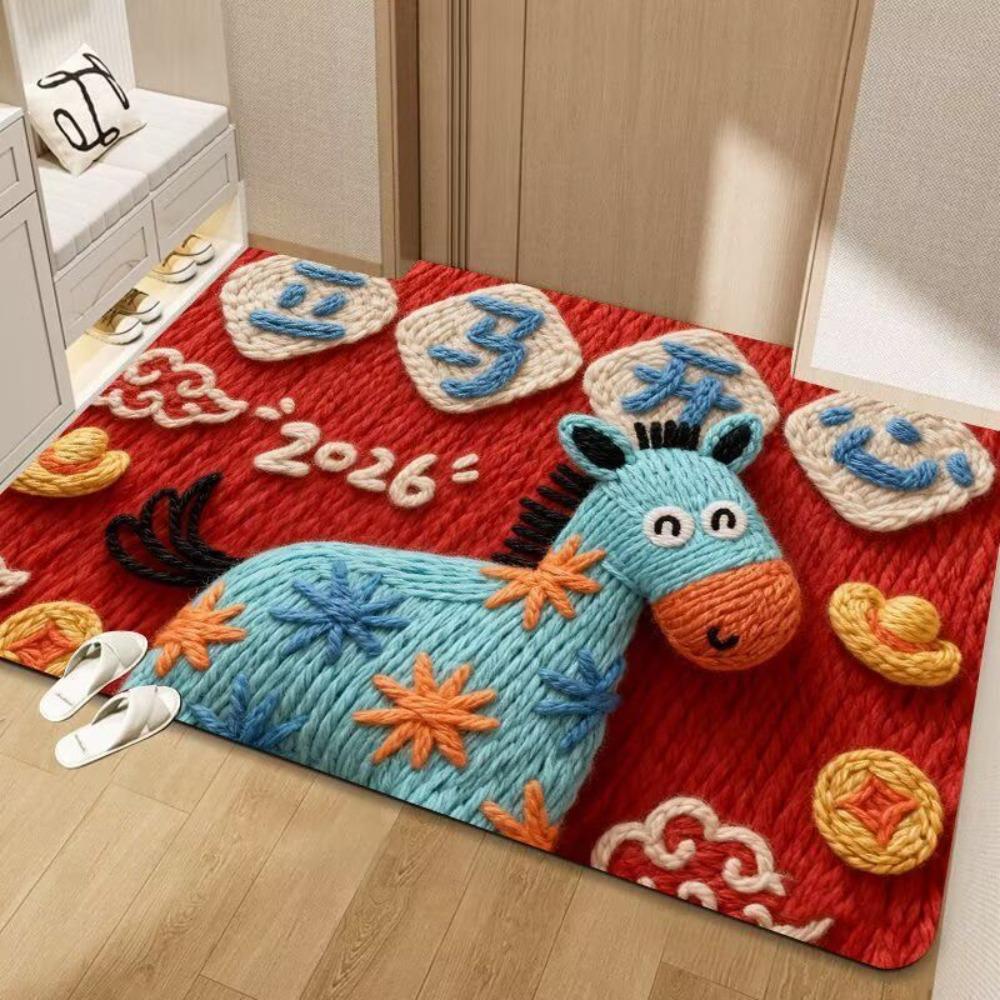 Cute Horse Pattern New Year Door Mat Festive Red Non-slip Door Carpet Water Absorption Foot Mat Home Decorations
