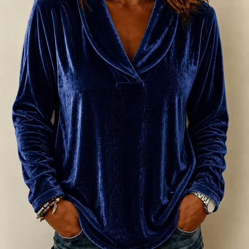 Women Velvet Long Sleeve Top V Neck Casual Loose Fit Blouse Solid Color Autumn Winter Pullover