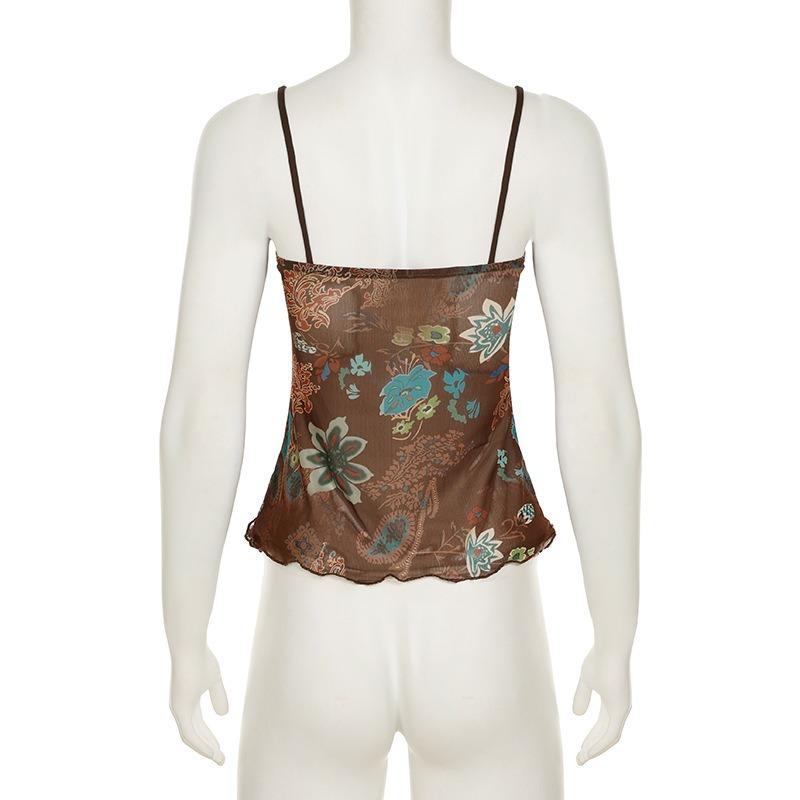 Top Canotta da Donna Estiva con Spalline Sottili, Stampa Floreale Paisley, Rete Trasparente, Nodo Frontale, Vestibilità Aderente