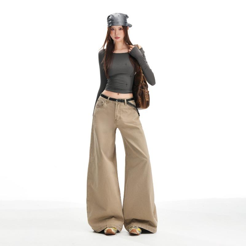 Khaki High Waist Straight Jeans Women's Spring New Versatile Loose and Skinny Wide Leg Casual Long Pants