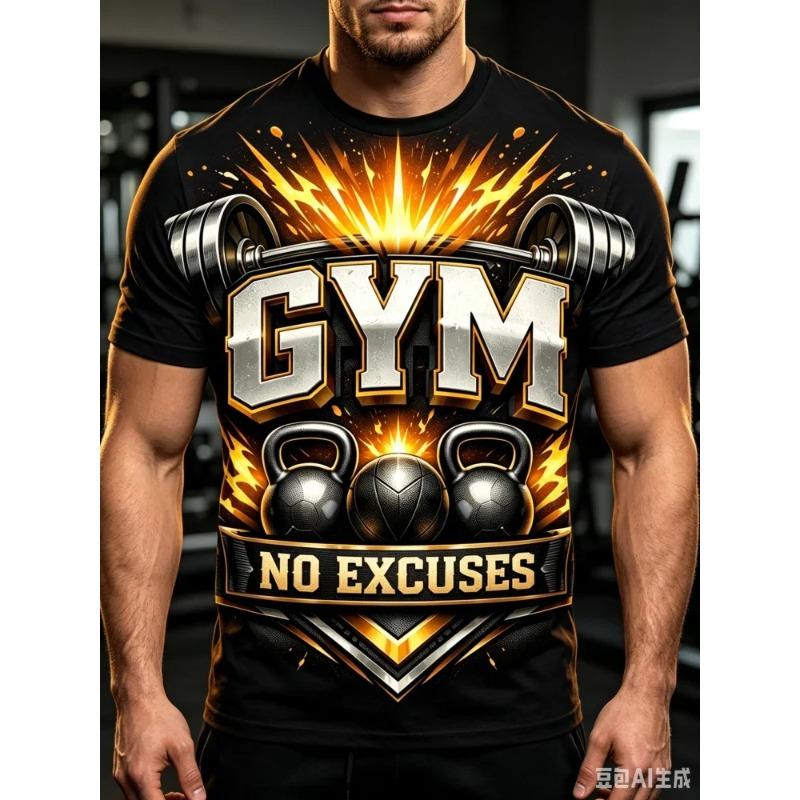 Fashion New Men's GYM No Excuses Barbell Kettlebell Explosion Print T-Shirt Fitness T Shirt Casual Streetwear Short SleeveTops