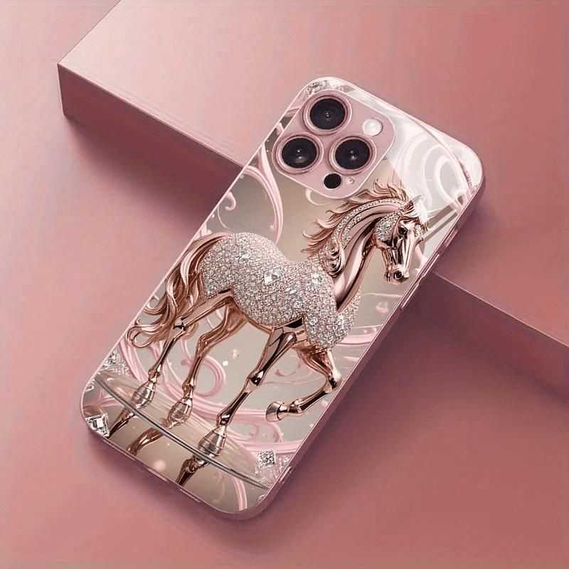 Luxus-Diamant-Pferde-Muster Rosa Metallisches Glas-Handyhülle Für iPhone 17 16 15 14 13 12 11 Pro Max 15 14 Plus 17 Air 16E Hülle