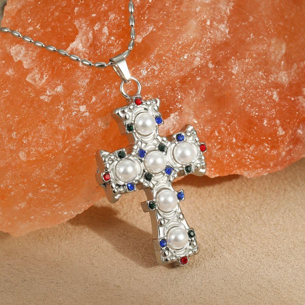 Stainless Steel Cross Pendant Necklace Exquisite Vintage Jewelry Necklace Pearl Necklace  Gift
