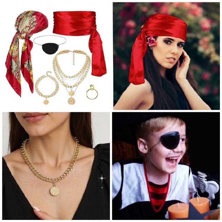 Frauen Männer Piraten Verkleidungszubehör mit Kopftuch Augenklappen Halskette Armband Ohrringe für Halloween Rollenspiel