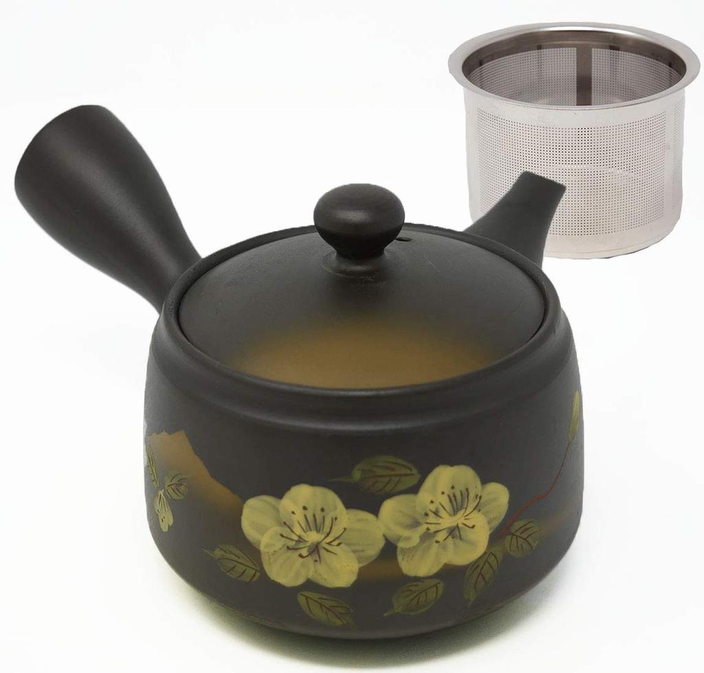 Tokoname-yaki Teapot (300ml) Made In Japan [Easy-to-clean Tea Strainer Included] Hand-painted by an Artisan, Featuring a Cherry Blossom and Mountain