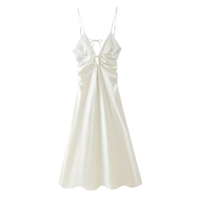 Summer New European and American Style Hollow Design Silk Satin Texture Suspender Dress