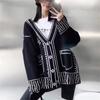 Frauen Einzigartige Langarm Graffiti Print Pullover Strickjacke Herbst Winter V-ausschnitt Gestrickte Cardigans Weibliche Y2k Lose Faul Stricken Mantel